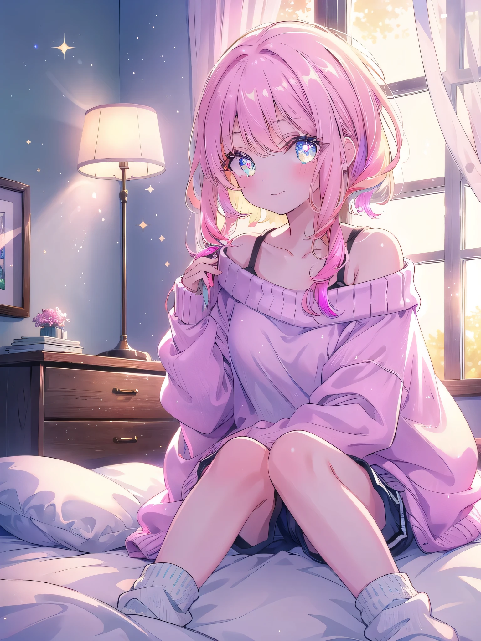 ((8k, Highest quality, masterpiece: 1.3)),Ultra-high resolution,(1 girl, alone), (Color changing eyes, Ultra-detailed, Expressive brilliance, Glitter, Glowing Eyes), Highly detailed eyes, Highly detailed face, Random Hair, ((pastel colour))A charming woman sitting on the edge of the bed, pulling on a pair of cozy socks. She’s wearing an oversized sweater that falls off one shoulder, paired with comfortable shorts. The room is softly lit by the morning sun, with the bed neatly made behind her. She looks up at the camera with a sweet, inviting smile, as if she’s getting ready for a lazy, comfortable day with her boyfriend.