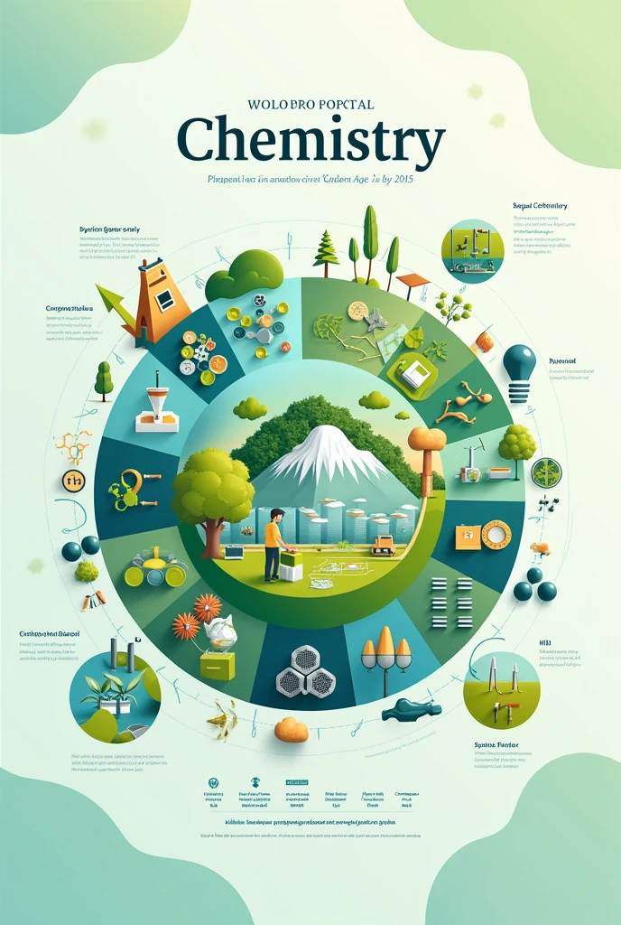 Make a graphic poster with a BRIEF EXPLANATORY TEXT, green,white, blue with hanging links to real life and there are graphics that show the facts. with theme "The role of chemistry in preparing Indonesia&#39;s golden age 2045" which has chemical element icons, sel Surya/renewable energy panels, plastik biodegradable/ eco-friendly products, air filter/factory with clean smoke, vaccine/obat-obatan, book/laboratorium, silhouette of hand holding laboratory equipment or innovating etc.. Make it cooler and more professional