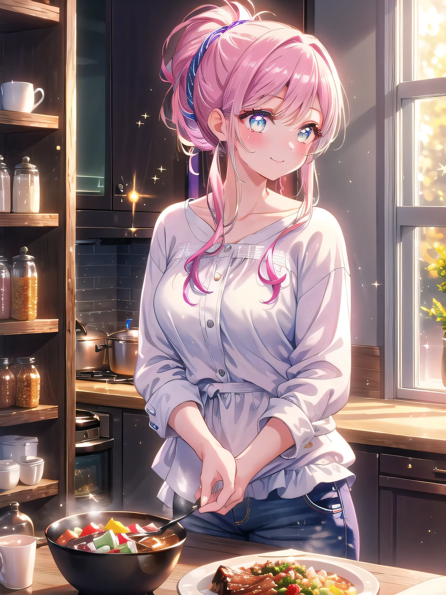 ((8k, Highest quality, masterpiece: 1.3)),Ultra-high resolution,(1 girl, alone), (Color changing eyes, Ultra-detailed, Expressive brilliance, Glitter, Glowing Eyes), Highly detailed eyes, Highly detailed face, Random Hair, ((pastel colour))A stylish woman standing in the kitchen, preparing dinner. She’s dressed in a casual white blouse and jeans, with her hair tied back in a ponytail. The room is warmly lit by the evening light, with the sound of sizzling food in the background. She glances over her shoulder at the camera with a soft, affectionate smile, as if inviting her boyfriend to join her in the kitchen.