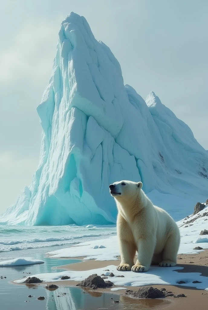 (Creative art) Suffering of polar beach due to climate change of melting iceberg in north pole