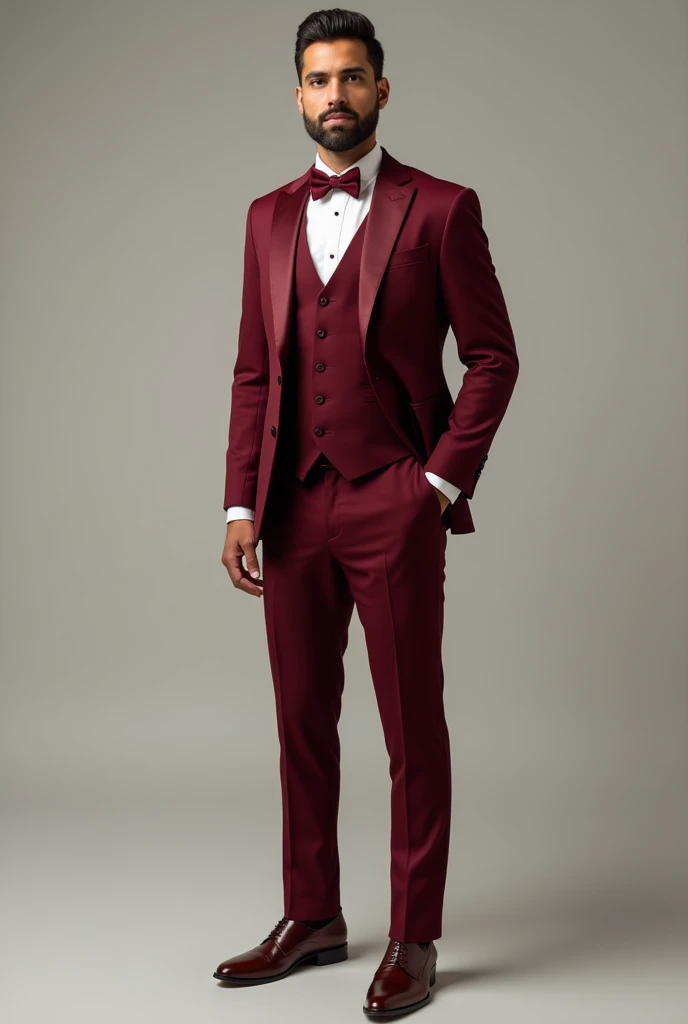 Create a groom's Attire. Burgundy suit with Burgundy vest, white long sleeve, burgundy bowtie and brown shoes. Whole body picture for medium Male and light brown skin.