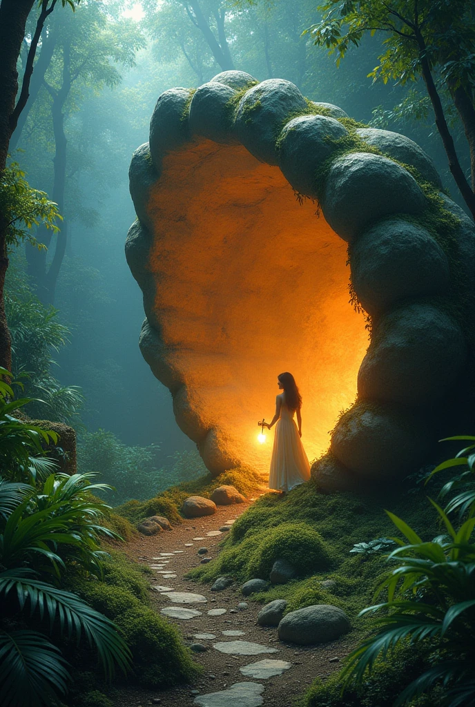 a highly detailed moss green on.oyster shell . stone cockle giant open mouth ..in jungle. glowing magical inside.solo women walking look with shocked face. hand holding torch.