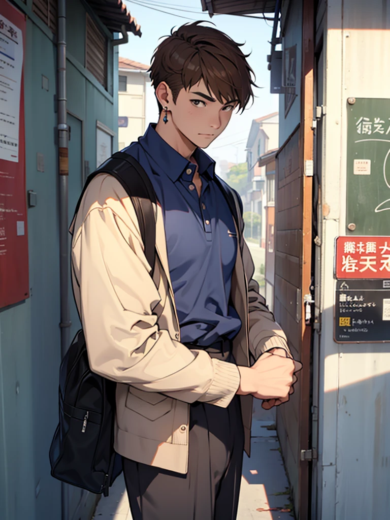 Man、Single、Brown short hair、Wearing school uniform、After school、Earrings