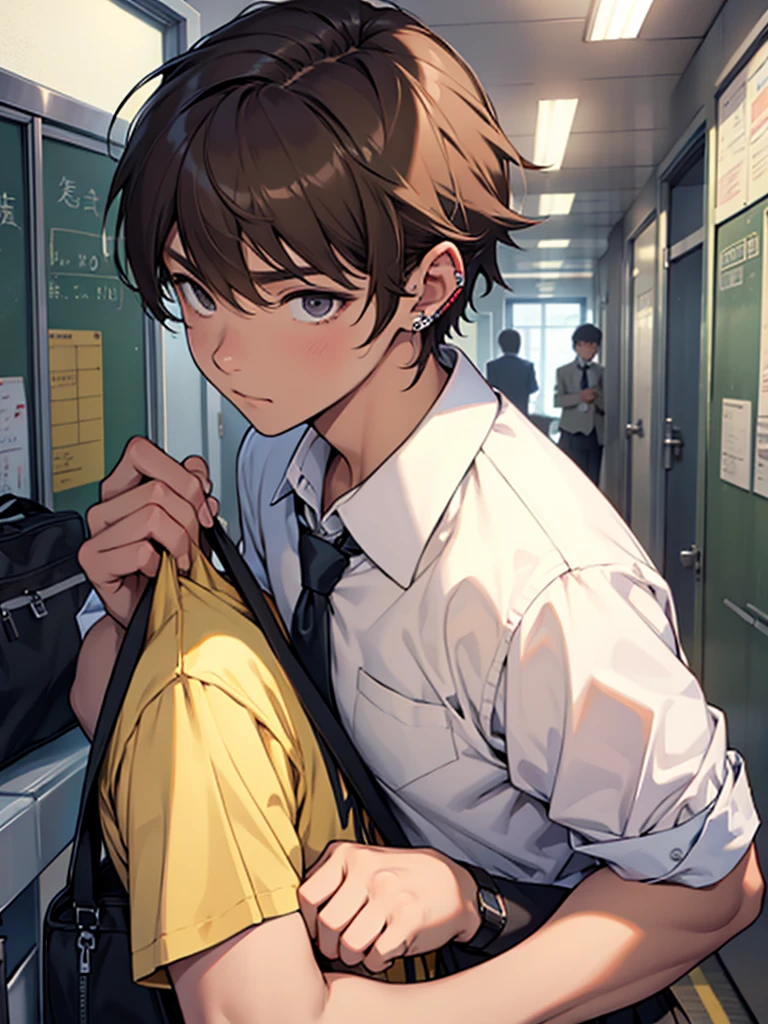 Man、Single、Brown short hair、Wearing school uniform、After school、Earrings
