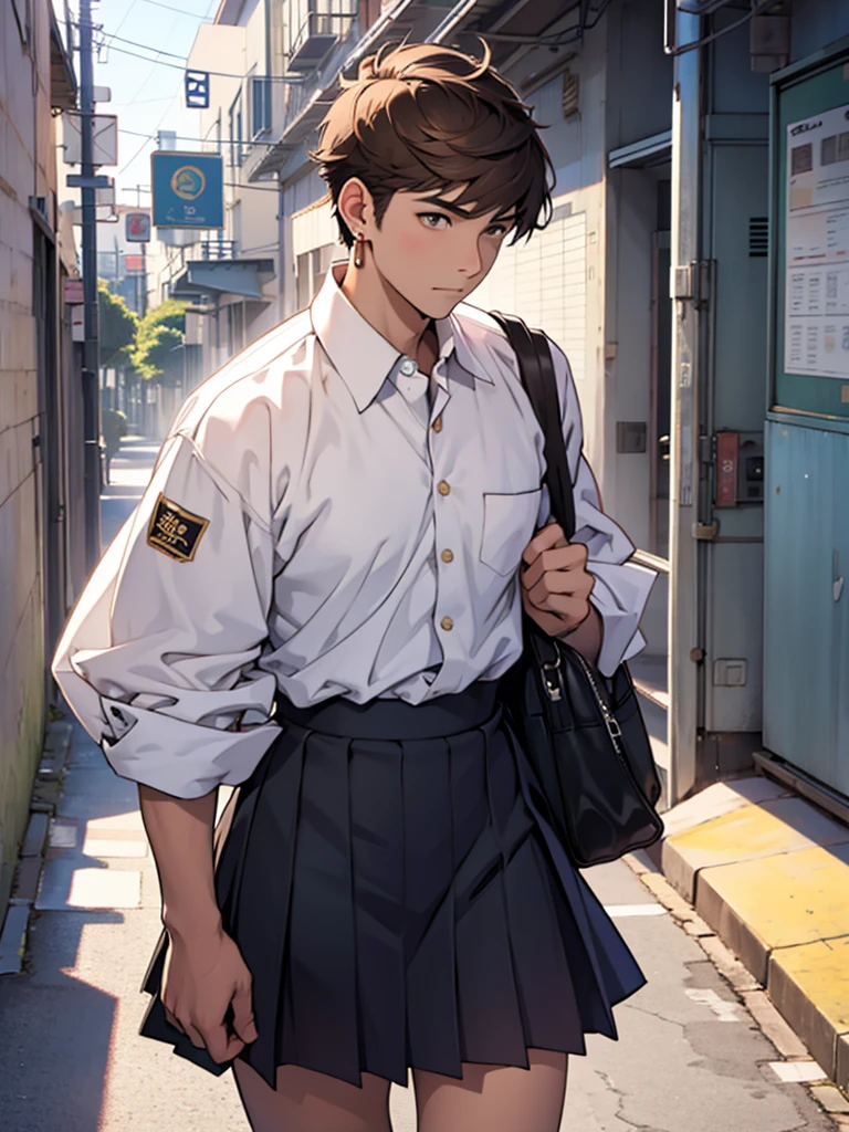 Man、Single、Brown short hair、Wearing school uniform、After school、Earrings