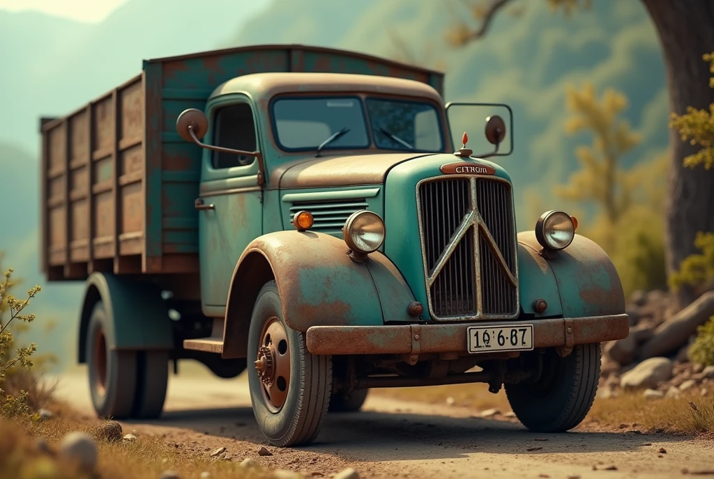 Citroen&#39;Old truck、Shallow depth of field、(masterpiece:1.3) (最high quality:1.2) (high quality:1.1)、Cinematic Light, ((Cinema Lighting),(Natural light),(High level of artistry),(artistic),(Genuineと見分けがつかない品質),RAW Photos,Genuine,Genuine,High resolution,RAW Photos,masterpiece, beautiful,　