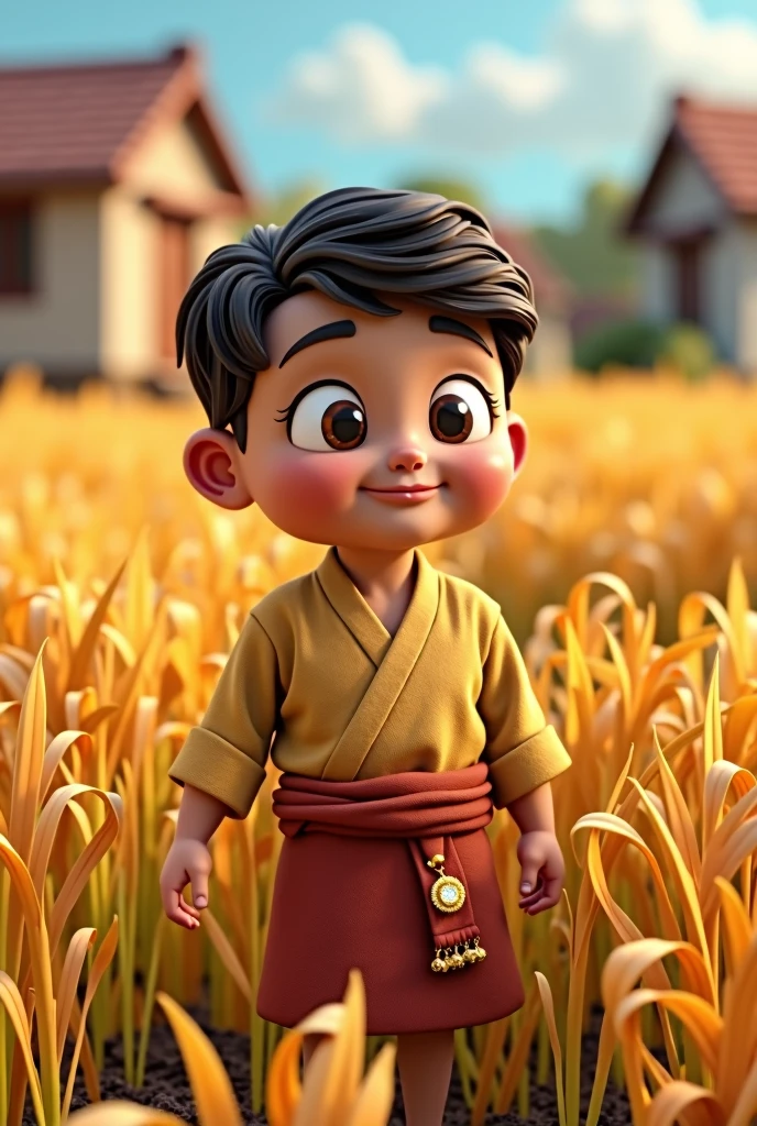 In cinematic 3d cartoon style '**Title: मोहन की अच्छाई**
**Description:** A picturesque village scene featuring a young, hardworking boy named मोहन in traditional attire, working diligently in a field. In the background, there is a glimpse of a small, simple village with modest houses. The focus is on मोहन discovering a beautiful, sparkling piece of jewelry in the field. The jewelry is prominently displayed, reflecting its beauty. In another part of the scene, मोहन is seen presenting the jewelry to the village chief, who looks impressed. Finally, depict मोहन using the money received from the chief to repair a village school and helping impoverished villagers. The overall atmosphere should be warm and filled with a sense of community and goodwill'