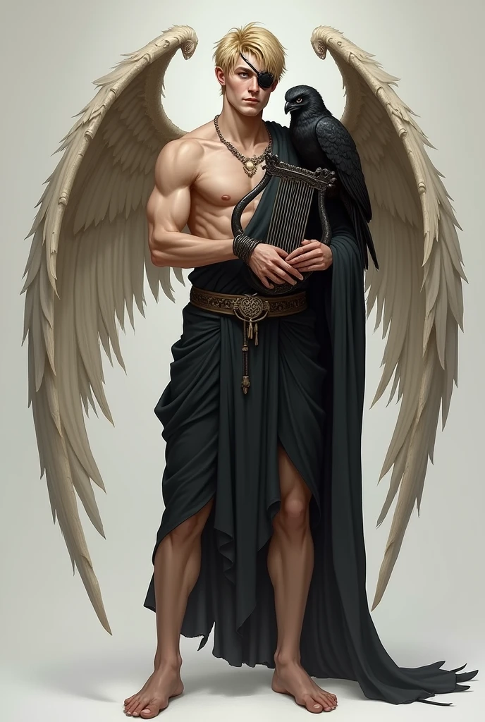 An RPG character, of the Fallen Aasimar race, blond, gray eyes, short-hair, wears an eye patch over his left eye, young adult man, skeletal wings made of bones, playing a small hand-held lyre or harp, wears a short black toga with a toned body and a black snowy owl on the shoulder. Full-body image
