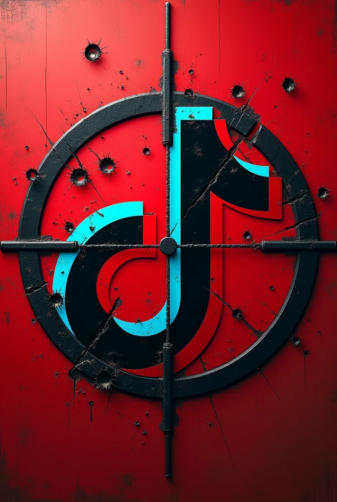 TikTok logo with a target and destroyed with bullet marks and with a crosshair and blood on a red background 