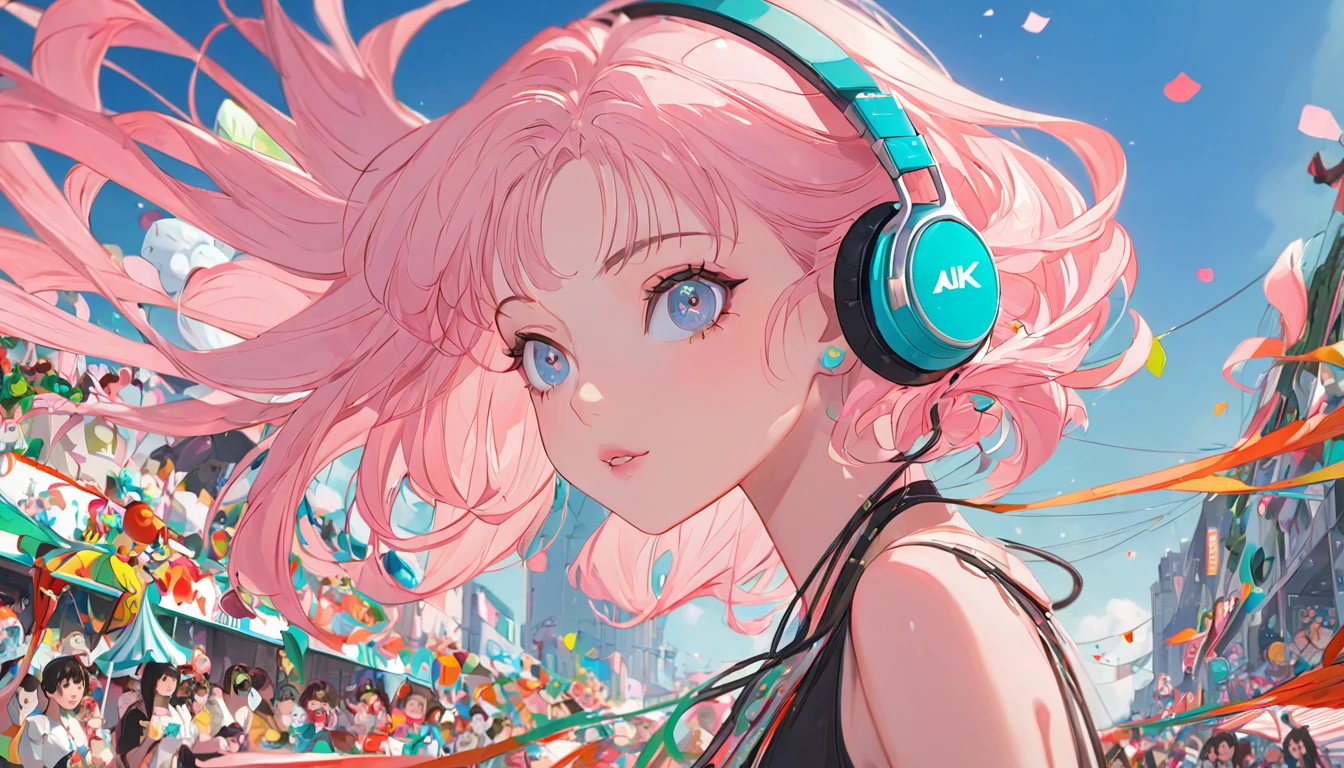 anime girl with pink hair wearing headphones and looking at a carnival parade in rio de janeiro, anime styling 4 k, non-style artwork by guweiz, 8K anime art wallpaper, 4k anime art wallpaper, 4K anime art wallpaper, lofi portoRait, lofi girl, anime styling. 8k, melhor anime wallpaper 4k konachan, anime wallpaper 4k