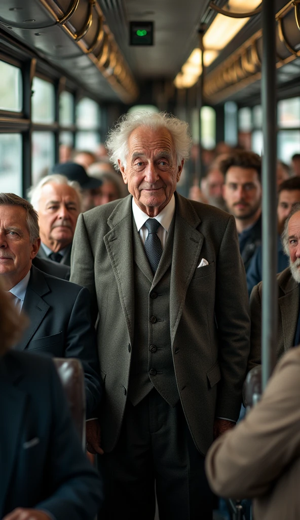 "A photo shows an elderly man standing in the middle of a crowded bus. He is dressed in an old-fashioned suit and captivates the attention of the passengers around him. .The expressions of the other passengers vary between curiosity and amusement., some looking at the old man with an amused smile, others with a more neutral interest. The atmosphere of the scene is both lively and dynamic, highlighting the contrast between the old gentleman's energy and the monotony of the daily commute."