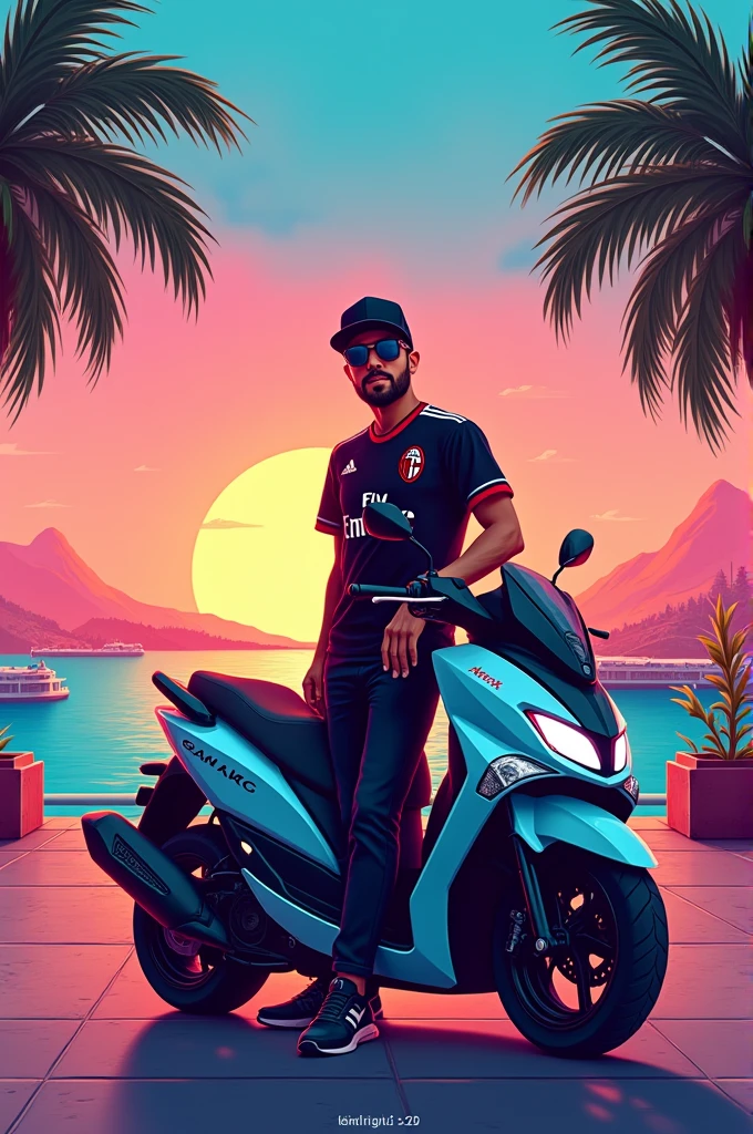 make a cartoon and sci-fi cover of a song called “Giro nella cité”, whose singer is called Garson Brise. The background will be a port with palm trees and at sunset, There will also be a Moto Tmax on which the singer himself will be leaning on wearing sunglasses.,black cap, Milan football shirt 