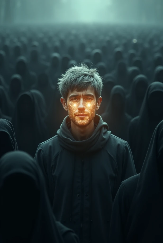 A man has young faces, he has short grey hair, faint smile, his face glowing like a crystal, shinning like sun bright, he is in the middle of millions people, those people surround him, those people just like a black shadow, no faces