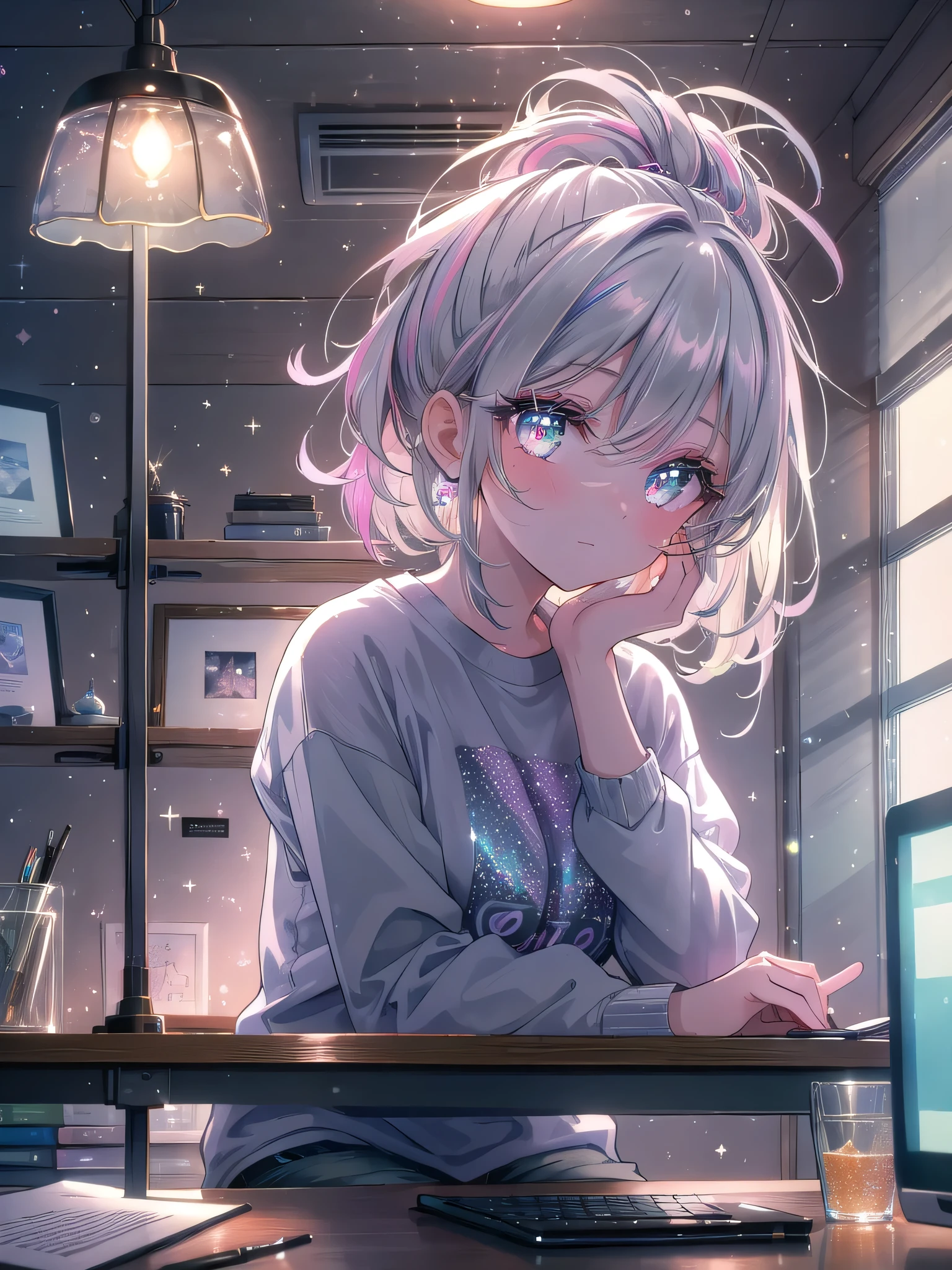 ((8k, Highest quality, masterpiece: 1.3)),Ultra-high resolution,(1 girl, alone), (Color changing eyes, Ultra-detailed, Expressive brilliance, Glitter, Glowing Eyes), Highly detailed eyes, Highly detailed face, Random Hair, ((pastel colour))A beautiful woman sitting at her desk, working on her laptop. She’s wearing a simple grey T-shirt and comfortable shorts, with her hair loosely tied up. The room is lit by a desk lamp, creating a warm, focused atmosphere. She occasionally looks up from her work to glance at the camera with a thoughtful, loving expression, as if sharing a quiet, productive moment with her boyfriend.