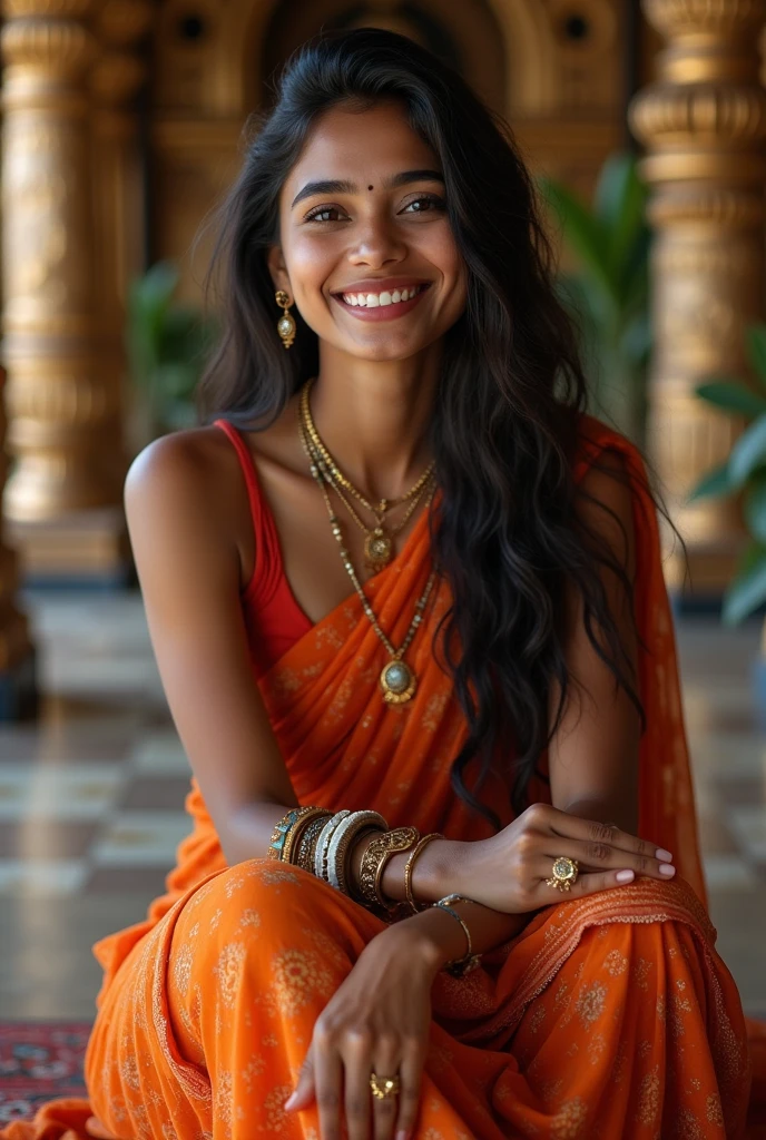 Mia khalifa type face cut indian girl wearing sared sitting in temple laud laugh