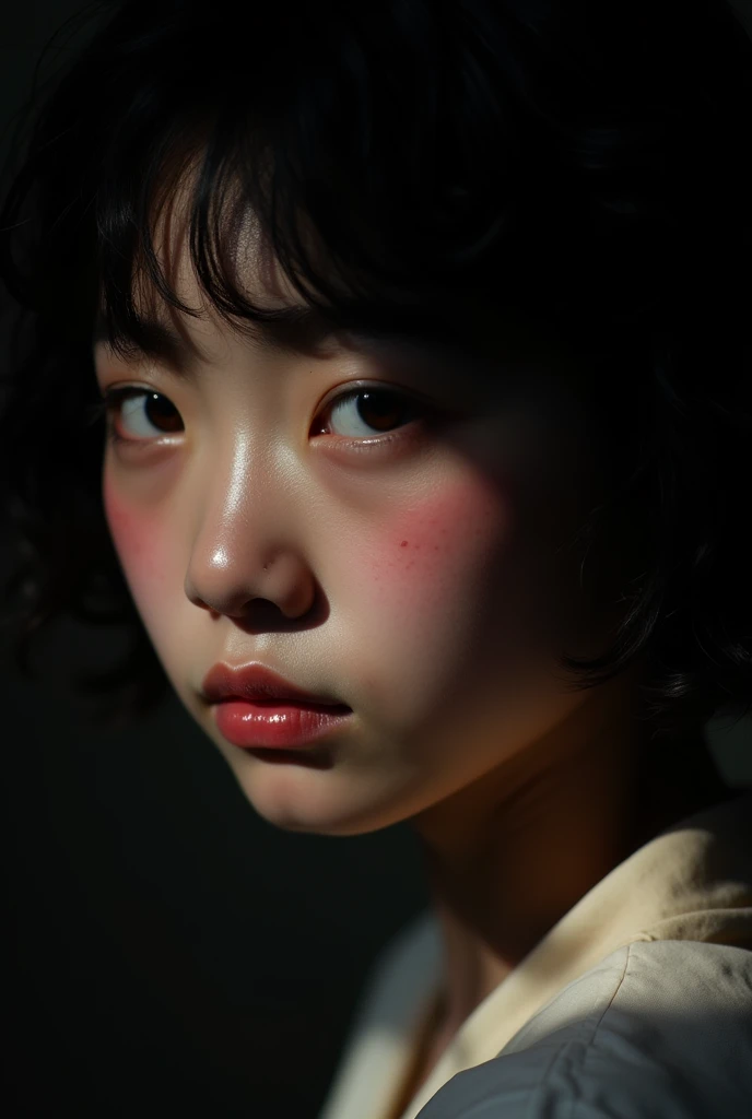 (realistic:1.3), finely detailed, quality, (masterpiece:1.2), (photorealistic:1.2), (best quality), (detailed skin:1.3), (intricate details), dramatic, 1girl, japanese girl, 2, detailed skin texture, (blush:0.5), (goosebumps:0.5), serious expression, medium breasts, short hair curls, bangs, hair between eyes, close up portrait shot, dark background, (detailed shadows, monochrome, black and white photo, silhouette, spotlight, dark theme:1.4),