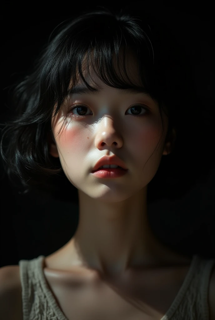 (realistic:1.3), finely detailed, quality, (masterpiece:1.2), (photorealistic:1.2), (best quality), (detailed skin:1.3), (intricate details), dramatic, 1girl, japanese girl, 2, detailed skin texture, (blush:0.5), (goosebumps:0.5), serious expression, medium breasts, short hair curls, bangs, hair between eyes, close up portrait shot, dark background, (detailed shadows, monochrome, black and white photo, silhouette, spotlight, dark theme:1.4), 