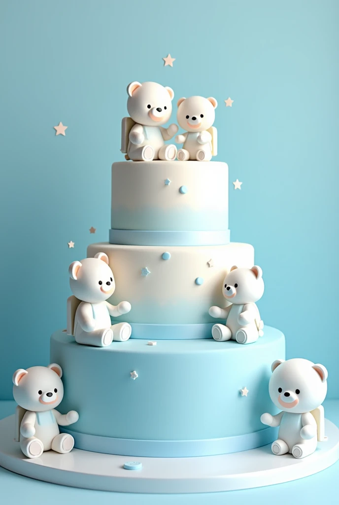 Tender three-tier cake with cardboard toppers for a blue baby boy shower with astronaut bears receiving a baby astronaut bear named Noah