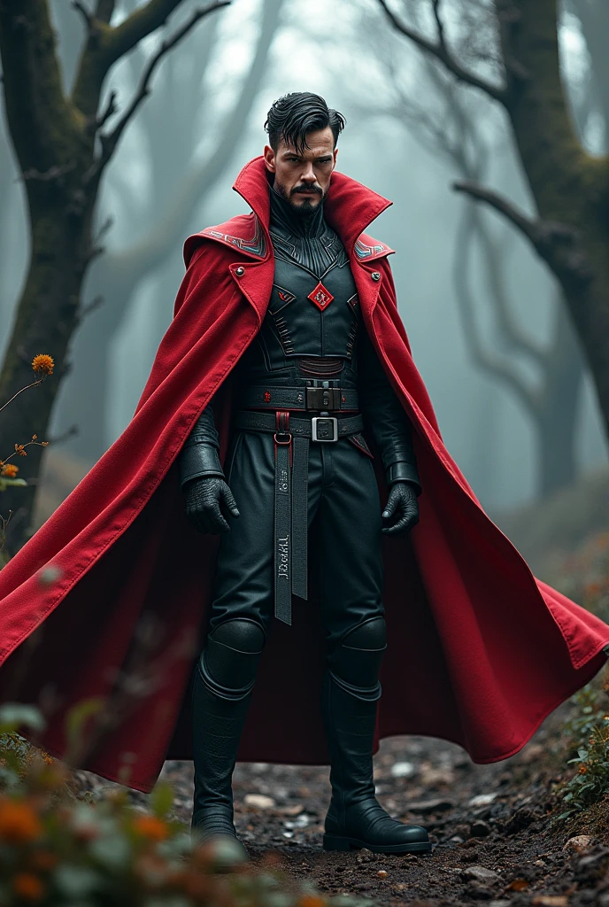 Generate a picture of Stephen Strange.
Weapon:Cloak of Levitation
Outfit: red and black cybordpuck with very clear and not hidden print of "PAMAGAN JM".
Background:more realistic in war forest.