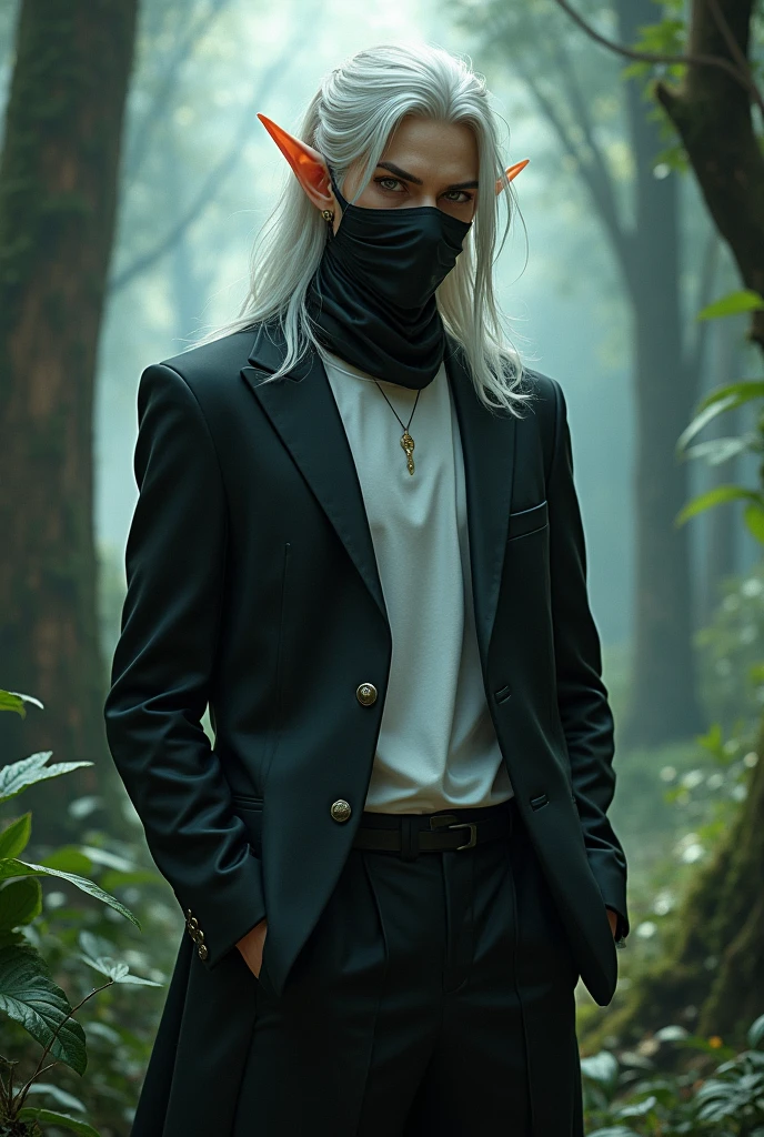 Beautiful male elf, wearing facemask, suit and tee on a magic forest with a malevolous expression