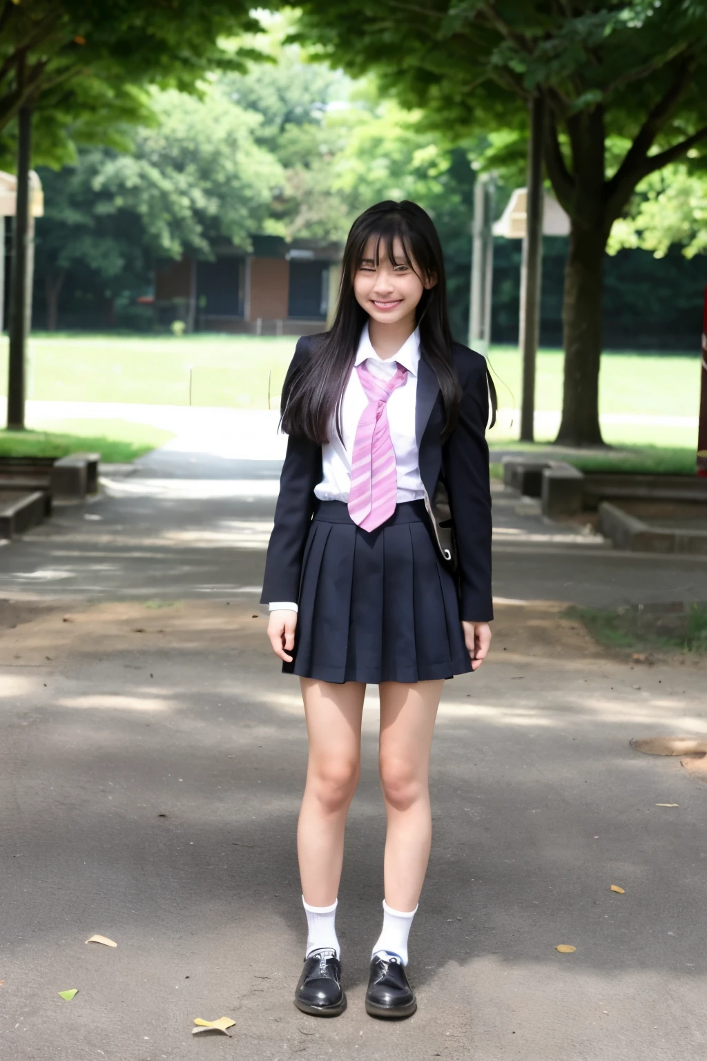Standing in an empty school park、Japanese high school girl、Cute Face、Summer clothes、mini skirt、Long black hair、Smiling、Full body portrait