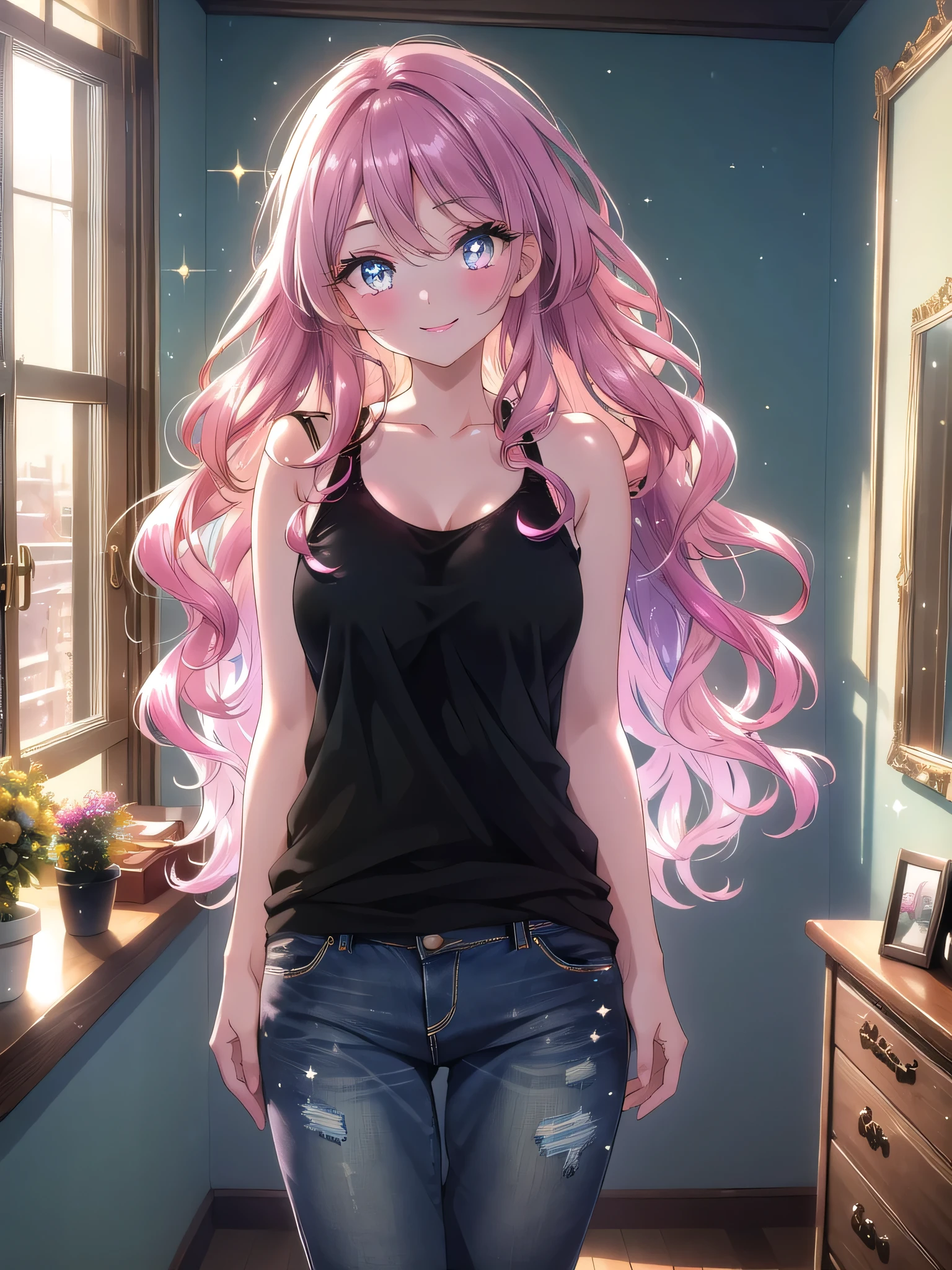 ((8k, Highest quality, masterpiece: 1.3)),Ultra-high resolution,(1 girl, alone), (Color changing eyes, Ultra-detailed, Expressive brilliance, Glitter, Glowing Eyes), Highly detailed eyes, Highly detailed face, Random Hair, ((pastel colour))A charming woman standing in front of the mirror, applying lipstick. She’s dressed in a simple black tank top and jeans, with her hair styled in loose waves. The room is softly lit by the afternoon sun, with the vanity table neatly organized behind her. She pauses for a moment, looking at the camera with a playful, flirtatious smile, as if teasing her boyfriend while getting ready.