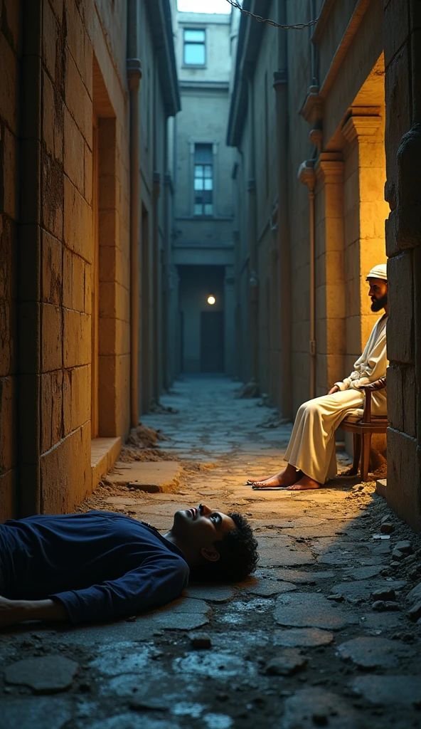 A narrow, dark alley at night, with dim streetlights casting long shadows. In the middle of the alley, a man lies lifeless on the cold ground. The alley is filthy, with trash scattered around, and the walls are stained with grime. People pass by without paying attention, their faces indifferent, as they continue with their nightly routines." Beauthfull ,hebreia,biblical story, Joseph of Egypt,very beautiful face, eyes browns , white egyptian clothes with blue details,seated facing an armchair inside the Egyptian palace. , sem bincos,short-hair,high détail, biblical story,: epic realistic, Soft cinematic portrait, Adobe Lightroom, photographic lab, highy detailed, (light colors: 1,2), (HDR: 1,4) , (subdued colors:1.2), hyperdetailed, (art-station:1.4), cinemactic, warm lights, dramatic light, (details Intricate:1.1), ancient egypt background , best qualityer,Masterpiece artwork.