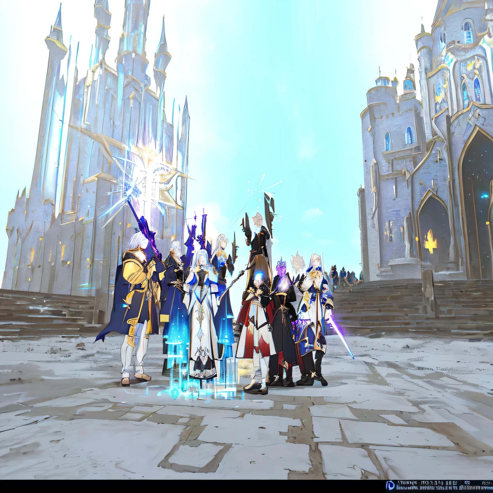 arafed image of a group of people standing in front of a castle, <mmorpgs scene, arcane style!!!!!, mmorpg, lineage 2 revolution style, aion, spellcasting pose, group photo, mmorpg fantasy, shadowverse style, summoning undead friends, from the black mage cemetery!!!, with huge rpg, crown of (((white lasers))), mmo