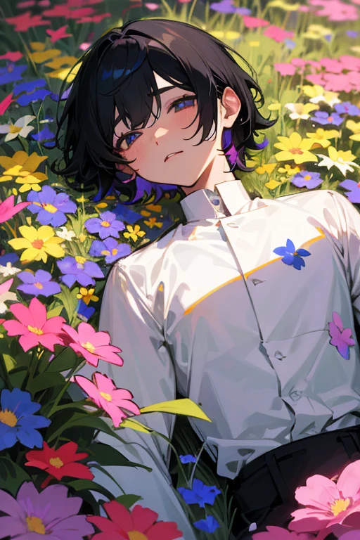 male、perfection、juvenile、maleの顔、maleの体型、adultの体、Short Hair、Black Hair、shirt、adult、sex appeal、Extremely colorful、High Contrast、Vivid、Flower Field、Lots of flowers、Light、Covered in flowers、Buried in flowers、Flower Fieldに寝そべる、View、Looking、Eyes open、Head up、Sleep on your back、From above