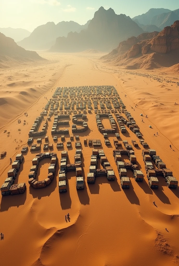 Create an aerial view of a vast desert landscape with mountains in the distance. The foreground is filled with countless vehicles and tents arranged in a grid pattern, forming large letters that spell out in Marathi language 'ALL EYES ON Lohara .' The scene should convey a sense of urgency and focus, with the letters made up of the vehicles and tents standing out prominently against the desert background."
