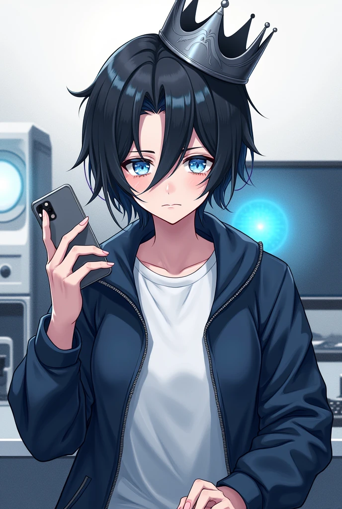 One person,Black Hair, Asymmetrical bangs, Parting the bangs,Blue Eyes,Drooping eyes,White T-shirt,Navy blue jacket,smartphone,computer,Simple background,cool,Illness,Confused eyes,Distributor,crown,King,Shortcuts