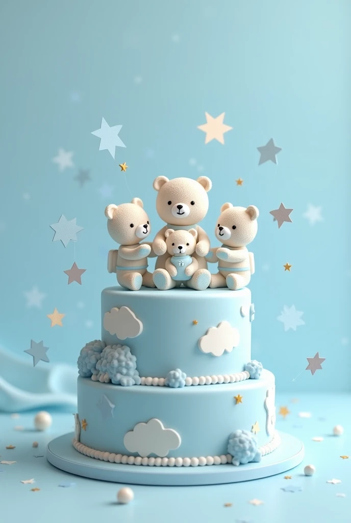 Tender three-tier cake with cardboard toppers for a blue baby boy shower with astronaut bears receiving a baby astronaut bear named Noah