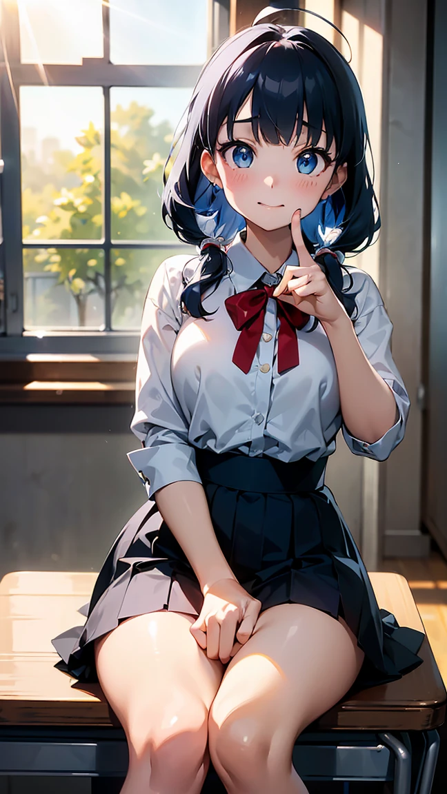 -(8K, Raw, Highest Quality, Real 1.2), Ultra High Quality, High Resolution, Highest Quality, Perfect Face, Perfect Limbs, Perfect Fingers, High Resolution, (Beautiful Anime Face, Cute Face, Detailed Face), Anna Yanami, medium hair, ahoge, medium bust, blue hair, blue eyes, white shirt, four yellow ribbons on chest, blue-gray pleated skirt, uniform, (confused: 1.3), (embarrassed: 1.3), (slightly surprised expression: 1.3), miniature human hand, (((medium bust 1.3))), (((thin thighs 1.3))), Japanese school, Japanese school classroom, ((sitting at desk in classroom: 1.5)), ((pointing finger towards us: 1.4)), (((bright sunlight coming in through window: 1.4))), ((looking down from below) 1.5)),((Deserted background 1.5)),(( 1.5)),Perfect anatomy, perfect proportions, nice lighting, bright colors, clean lines, information, blur, stunning facial expression, restless emotions, gorgeous and pretty, beautiful face and eyes with every detail,(masterpiece) beautiful face, young and handsome girl, really perfect skin, blur, stunning facial expression, restless emotions, gorgeous and pretty, beautiful face and eyes with every detail,(Audrey Hepburn),(cute),(J-POP idol),(thighs,(depth of field),(depth of field),soft light, sparkling lens gaze,(droopy eyes),straight teeth,shy smile,flowing hair,a scene from Blake's movie,