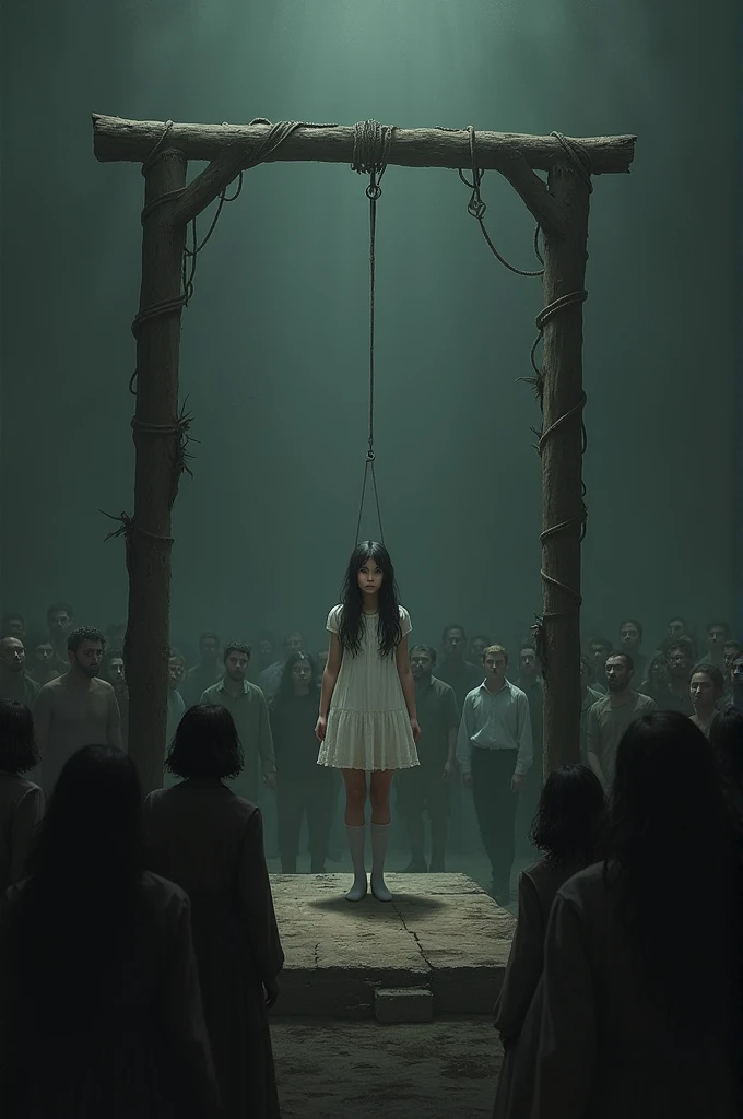 Scene of Girl in White Thigh High Socks Hanged, gallows, many people around