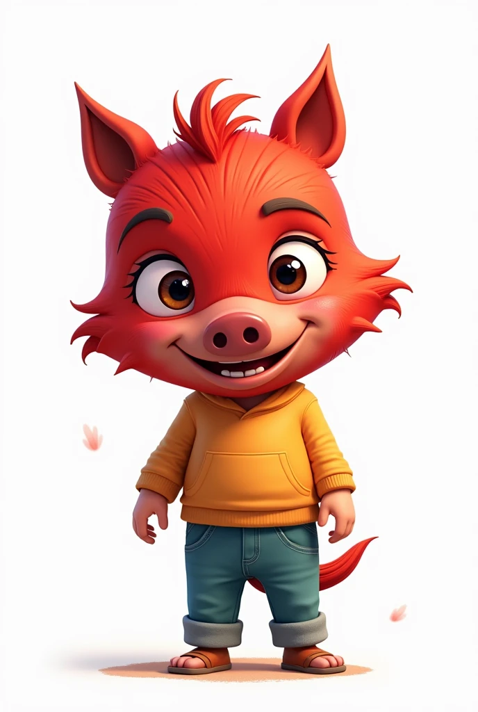 A child is wearing a red wild boar mask, cool cartoon, white background.