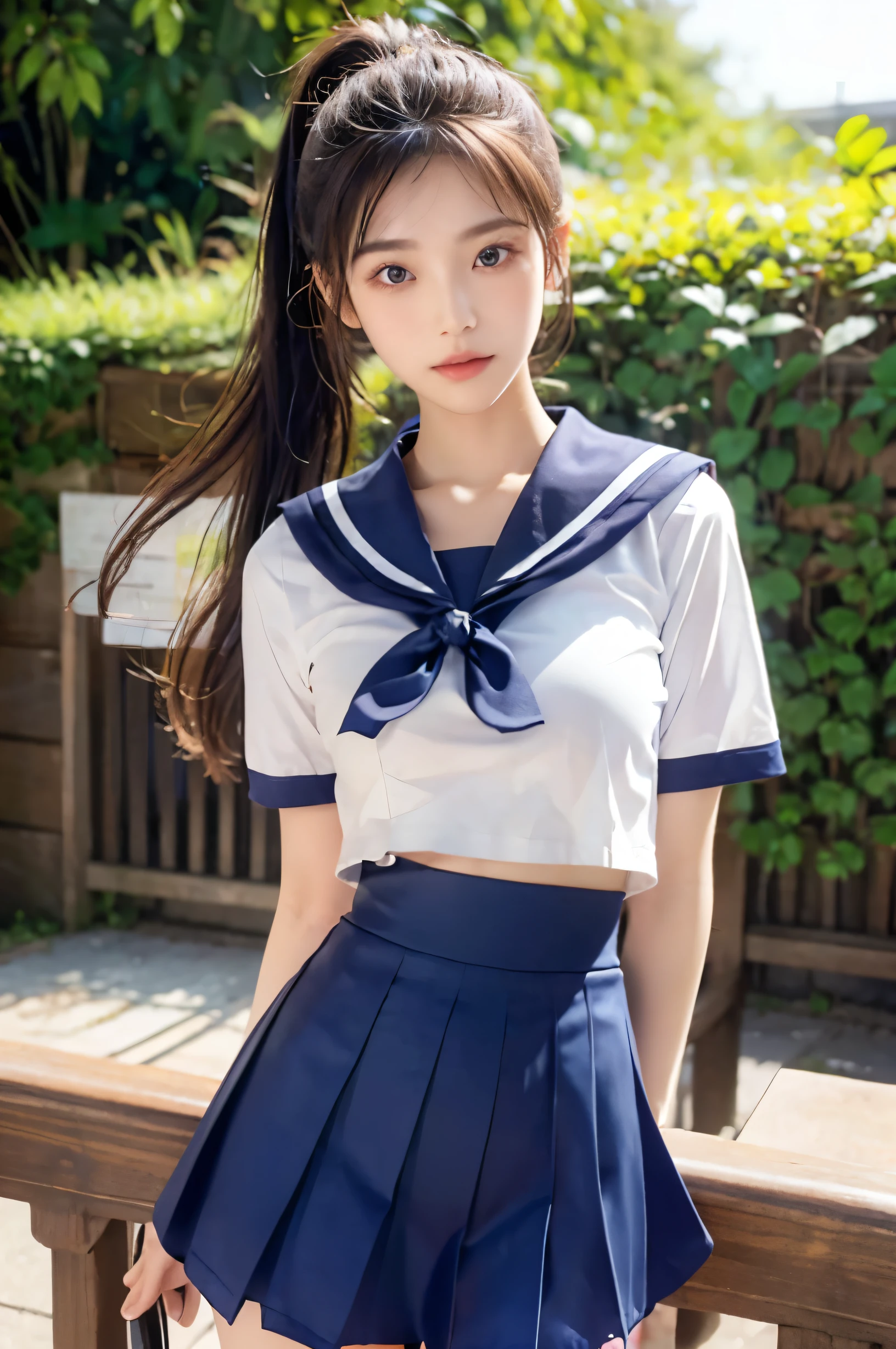 (Ultra HD), (Looking at me), (The whole body is shown), (Short-sleeved sailor uniform, Navy blue low-rise mini skirt), Big Breasts, Super beautiful breasts, slender, Narrow waist, (Thin legs:1.2), (Thin thighs:1.2), (Thin Hips:1.4), (Beautiful Skin, Shiny skin, White skin), (Super slim face, Super beautiful face, No makeup, Smile:0.6), (ponytail, Layered Cut, Fluffy hair), (double eyelid, Slanted Eyes), (Small Nose), (Thin lips), Are standing, In front of the school gate