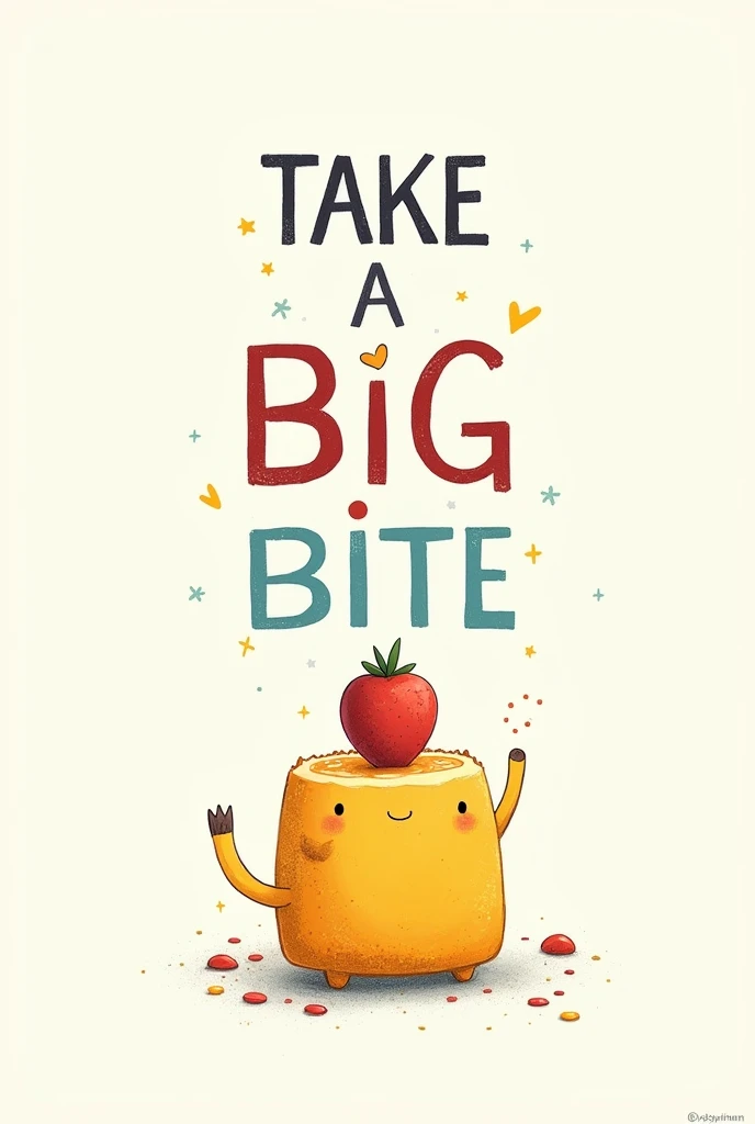 simple colorful art print with text that says "take a big bite, it's delicious" inspired by Jon Klassen's distinct style. Utilize a desaturated, light, and airy pastel color scheme, perfect for nursery art. The artwork should be set against a clean white background, capturing the essence of whimsical and calming children's book illustrations. Emphasize the gentle and soothing tone of the image, making it ideal for a peaceful nursery setting.