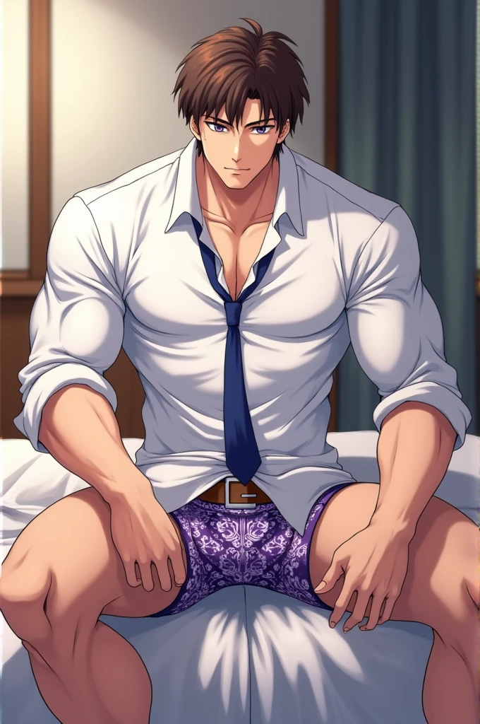 Un garçon dans le style animé japonais cheveux brun yeux violet musclé dans sa chambre assis sur son lit en train de déshabiller son pantalon on peut apercevoir son boxer violet à carreaux blanc il porte une chemise blanche ça cravate bleu dinoué expression du visage et souris beau gosse sexy transpiration on peut apercevoir sa ceinture sur sa jambe
