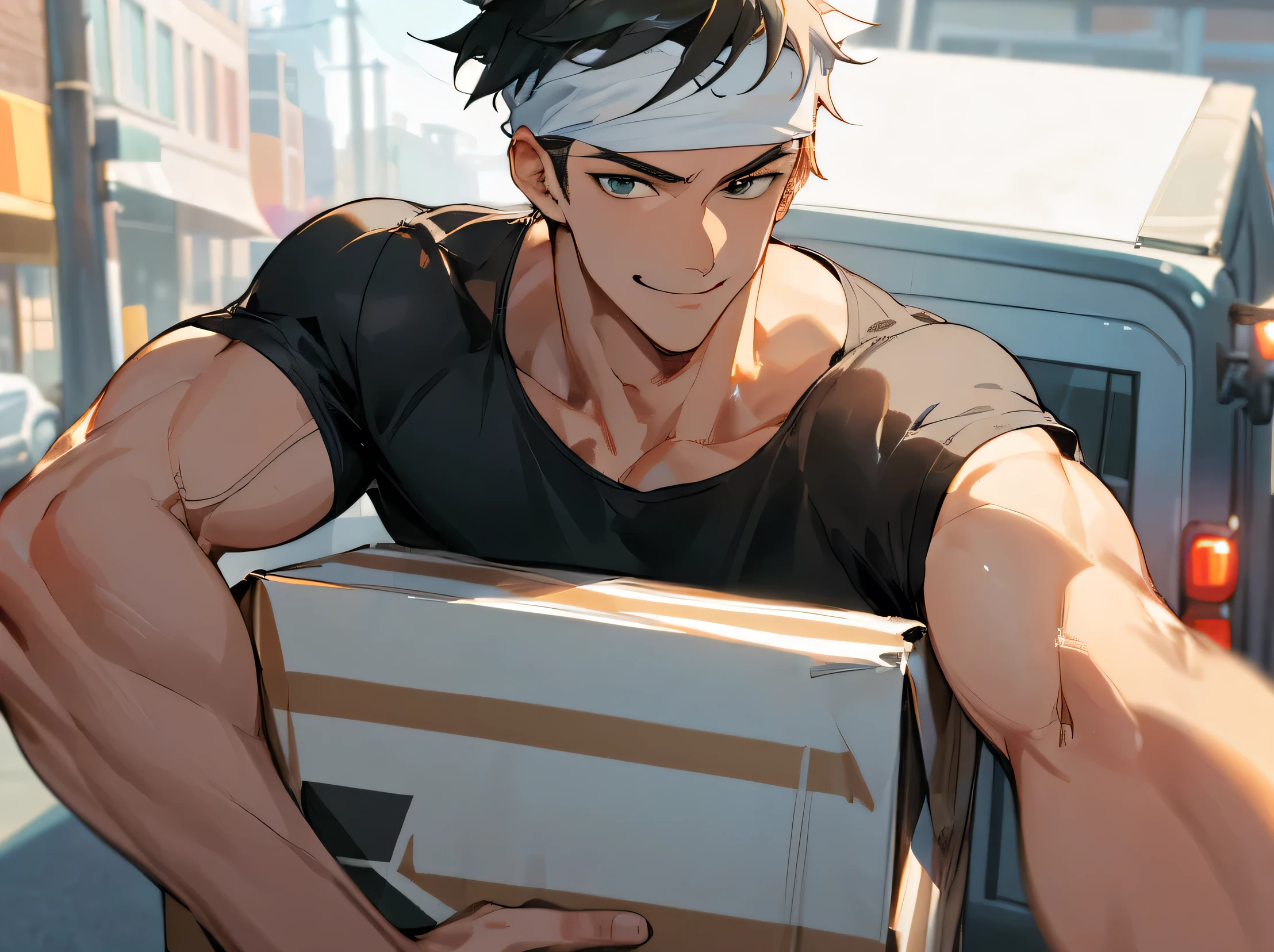 Working Adults.,Delivery Person,male,Handsome,Cool vibe,White towel on head,Short Hair,Slim and muscular,Black shirt upper body,Face close-up,Horny,smile,Wicked Smile,Delivery Truck,In town