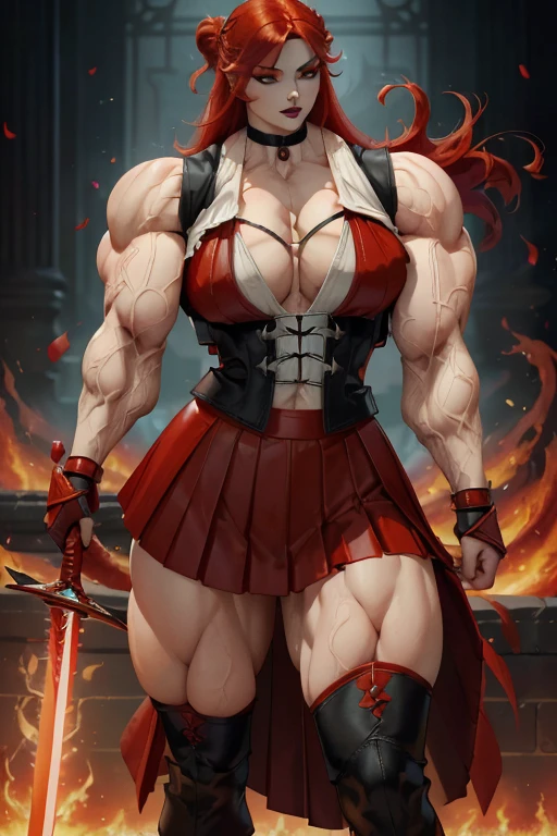 ((Close-up)), tall, (red hair) beautiful muscular asian woman, long hair, pale white skinned, large breast, closed smile, (black lipstick), (massive muscles), (hyper muscle), ((ginormous bulky muscles)) yellow eyes, (((red leather vest))), (((long pleated skirt))), ((carrying a red fire sword)), choker, boots, in a mystical school, 