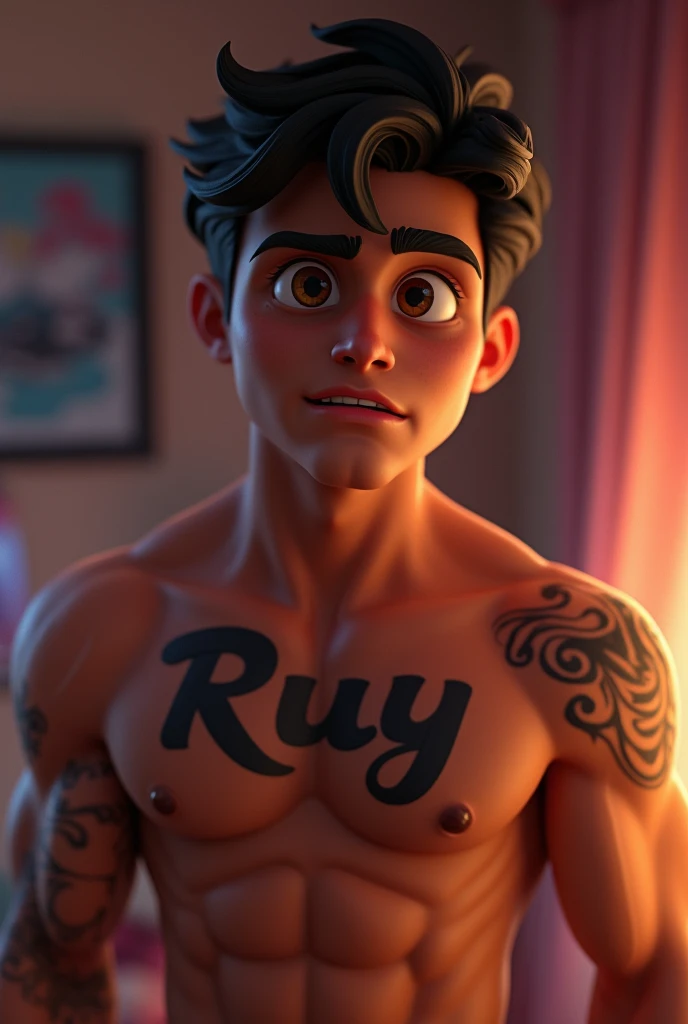 a young man AI high quality muscular tattoo with name “ruy” small, tanned skin piercing gaze light pink mouth with realistic animated bedroom background