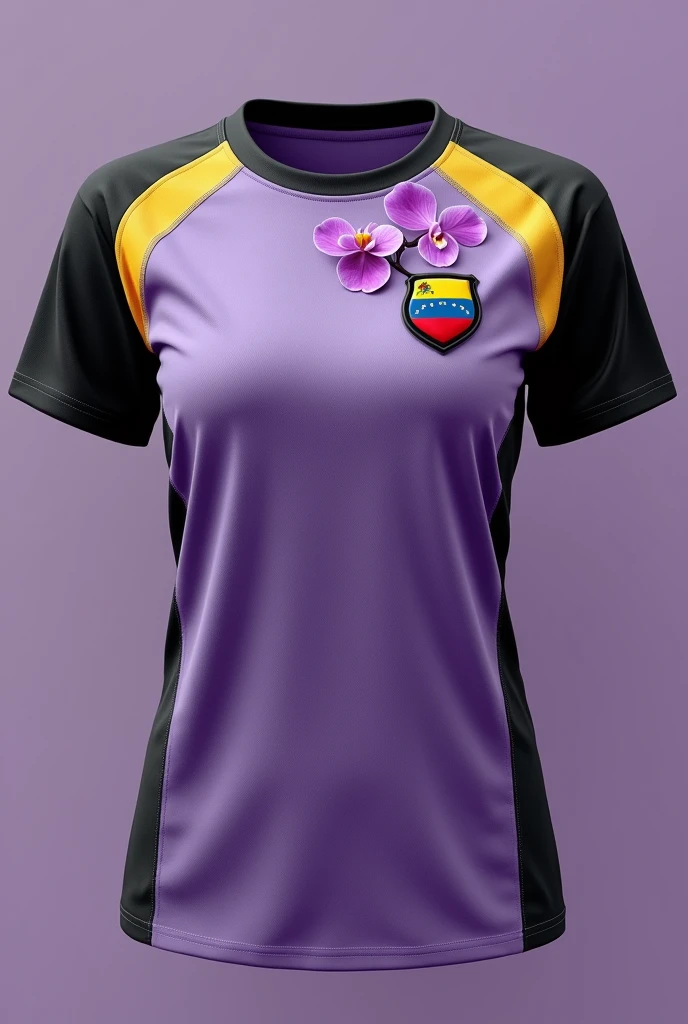 Women&#39;s sports shirt in purple with black and lilac.
A small shield with the flags of Venezuela and Brazil together.
And an orchid flower 