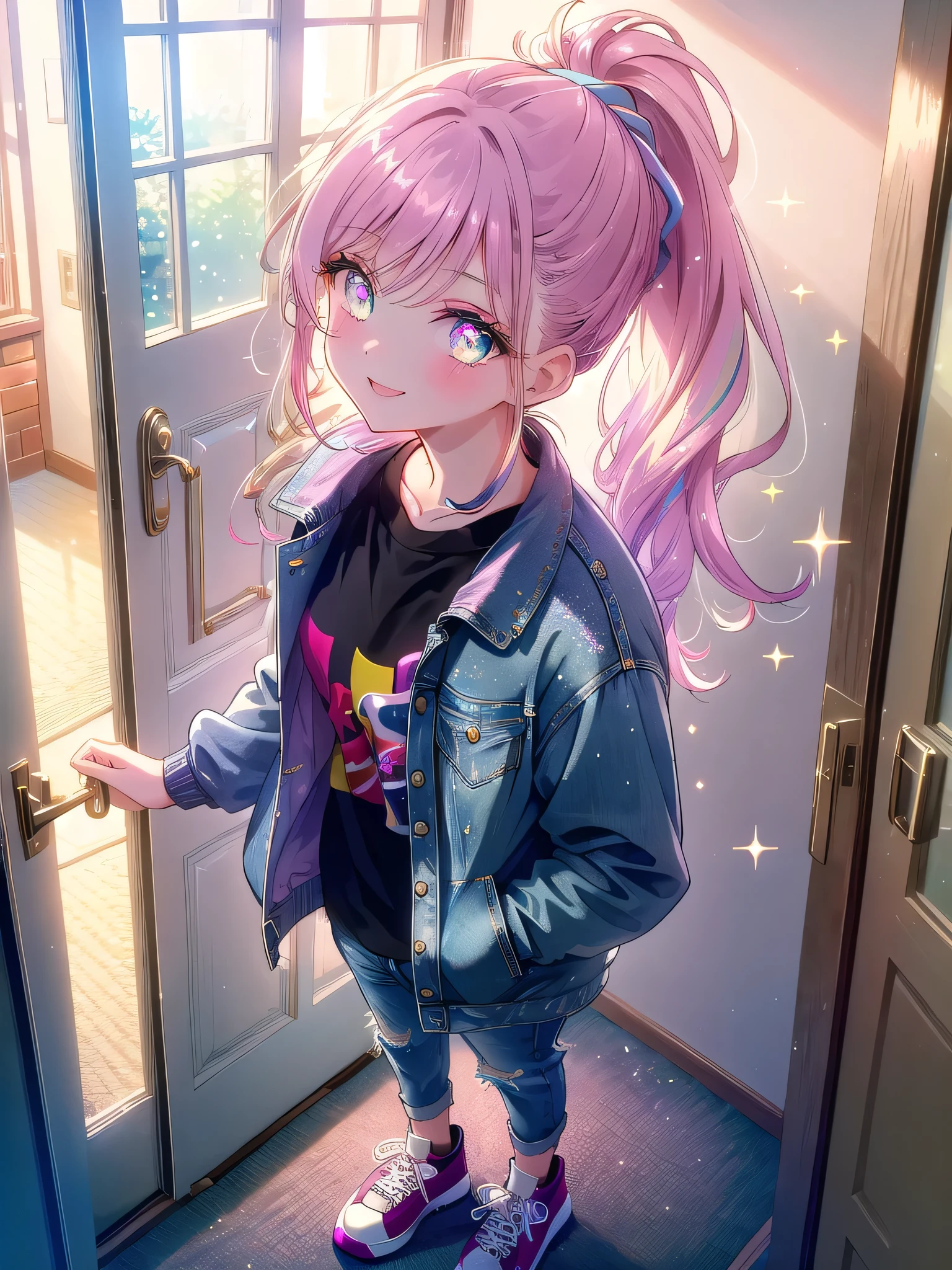 ((8k, Highest quality, masterpiece: 1.3)),Ultra-high resolution,(1 girl, alone), (Color changing eyes, Ultra-detailed, Expressive brilliance, Glitter, Glowing Eyes), Highly detailed eyes, Highly detailed face, Random Hair, ((pastel colour))A stylish woman standing by the front door, putting on her shoes. She’s dressed in a casual jacket, jeans, and sneakers, with her hair tied back in a ponytail. The room is brightly lit by the afternoon sun, with the door slightly ajar, revealing a glimpse of the outside. She looks up at the camera with an excited, happy smile, as if she’s ready to head out for an adventure with her boyfriend.