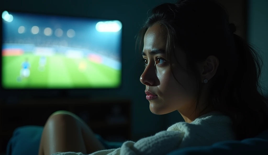 realistic image of "A close up of Valeria on the couch, with an expression of growing concern as he looks at the television screen. His body is slightly leaning forward, reflecting the tension. On the screen, Soccer players are seen in action, but the scoreboard in the corner shows that his team is losing. The light from the screen illuminates Valeria&#39;s face, accentuating their anxiety."