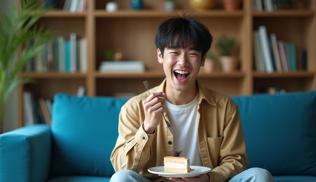 A Japanese male college student wearing fashionable clothes is sitting on a blue sofa with a cheerful expression and eating cake with a fork,Excited, Photo of your face, In a room with a bookshelf, with a natural look, With a slightly tired look, tilt your face a little, Diagonal orientation, Average face