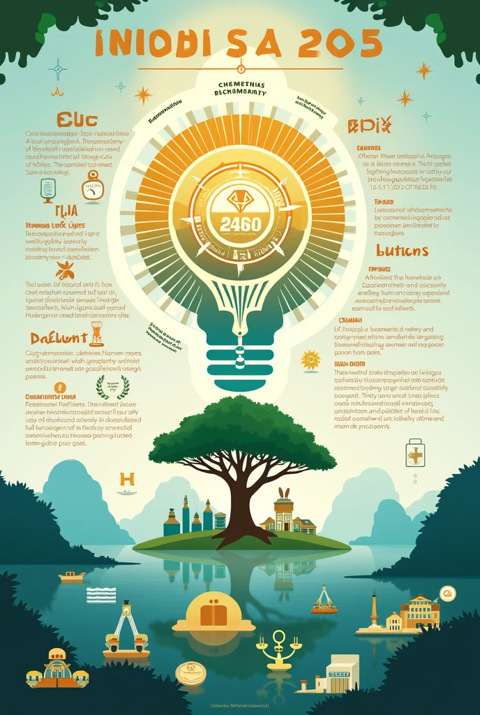 Make a graphic poster with a BRIEF EXPLANATORY TEXT, green,white, blue with hanging links to real life and there are graphics that show the facts. with a theme "The role of chemistry in preparing Indonesia's golden age 2045" the cool one