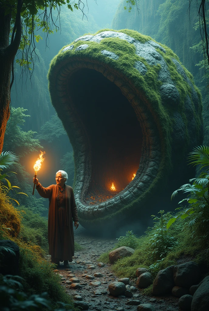 a highly detailed moss green oyster shell, giant open mouth stone cockle, in lush jungle, glowing magical interior, solo old woman walking with shocked expression, hand holding torch, horror scene, 4k, best quality, 8k, highres, masterpiece:1.2, ultra-detailed, realistic, photorealistic:1.37, HDR, UHD, studio lighting, ultra-fine painting, sharp focus, physically-based rendering, extreme detail description, professional, vivid colors, bokeh, dark, moody, cinematic, dramatic lighting
