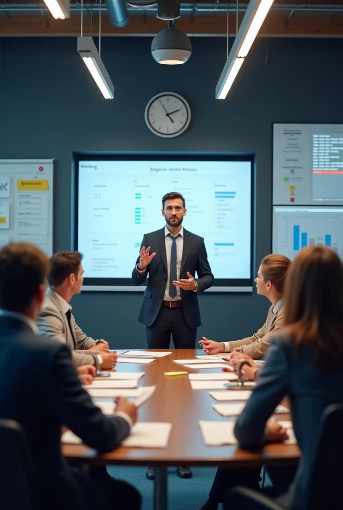 Generate an image that represents the Scrum Master, one of the roles in the Scrum methodology. The image should show a person facilitating a team meeting, ensuring that everyone is aligned and removing obstacles that may affect progress. Must have a professional appearance, with a collaborative and agile work environment.