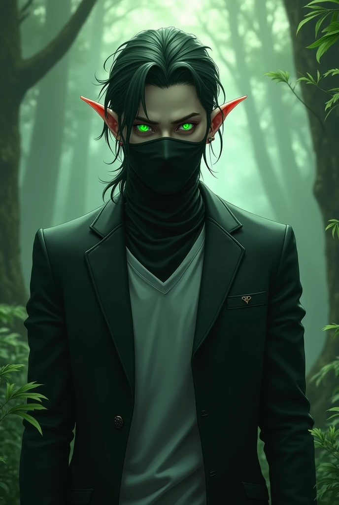 Beautiful male elf, wearing facemask, suit and tee on a magic forest with a malevolous face expression, green sharingan eyes
