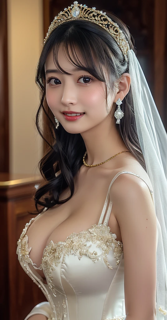(8k,RAW Photos,Like the picture:1.45),masterpiece,Highest quality,wonderful,(セクシーなMature Woman:1),(Mature Woman:1.3), (3 woman.1.3)、(((very, very大きい)))、(((Extremely lewd and very huge boobs)))、(((Very deep cleavage)))、Hyper Real、In the lounge of a luxury hotel、An extremely beautiful and dignified smile、Extremely beautiful white skin、Extremely beautiful, delicate and precise skin texture、With long, fluffy, gorgeous brown hair((Evening updo:1.05))、Extremely beautiful women of Japan、(Big Ass)、Thick thighs、Bright red lips、Gold earrings、Gold bracelet、Gold Necklace、(Super Detail),((very繊細で美しい)),Focus on the characters,Dynamic Angle,looking at onlookers with an intensely lewd gaze,((alone)),Are standing,((Extremely obscene whole body)),((a princess wearing a wedding dress that's a gorgeous evening gown with voluminous skirts)),((Smiling beautiful bride)),Detailed, Big smile and eyes,Jewel-like eyes,((very長くてボリュームのある髪)),Gorgeous embroidery and lace,((Gorgeous corsage)),See through,(Gorgeous Jewelry Ornaments),Luxury Hair Accessories,Gorgeous jeweled tiara,Gorgeous frills,((Very lewd face and huge breasts)),indoor,Very fancy church wedding,((Extremely obscene whole body)),Hoop skirt,crinoline,very long wedding veil,(((a mix of a bejeweled wedding dress and a luxuriously embroidered rococo ball gown))),